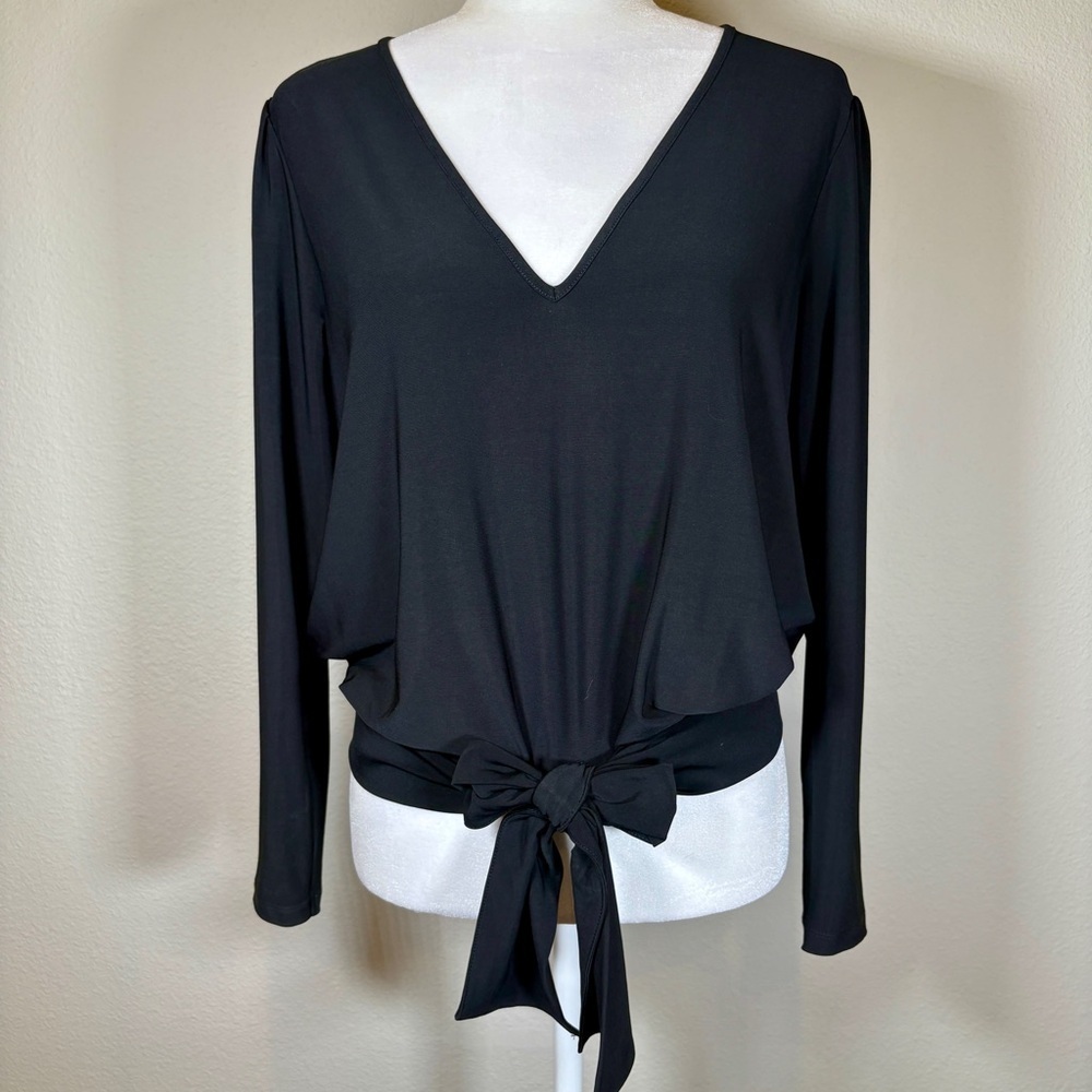 NWT Banana Republic Black Long Sleeve Pull-Over Tie-Front V Neck Blouse Size S